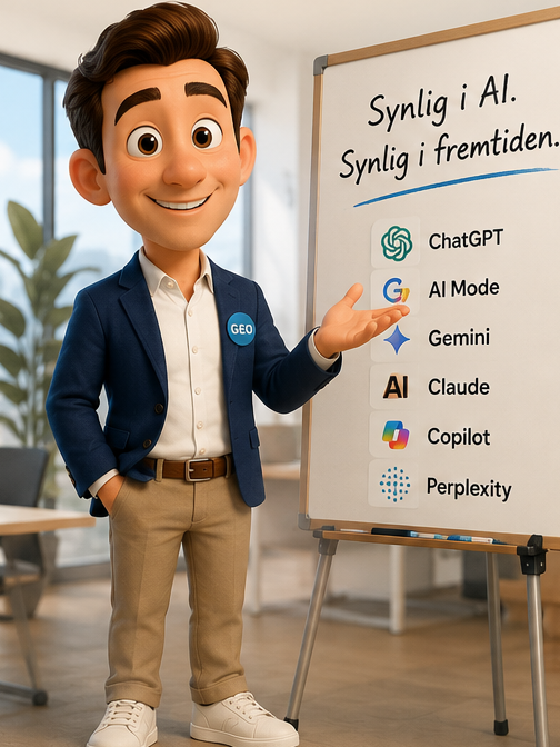 Forslag 3: Pixar-agtig businessfigur ved et whiteboard på et kontor